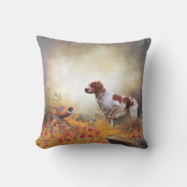 Brittany Spaniel, Hunting Pheasant    Outdoor Pillow (Front)