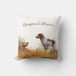 Brittany Spaniel, Hunting Pheasant  Throw Pillow