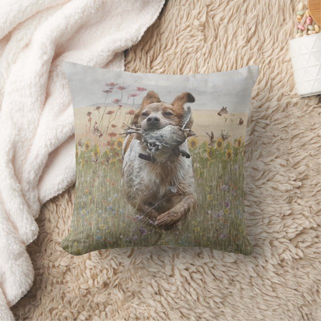 Brittany Spaniel hunting quail , Art   Throw Pillow (Blanket)