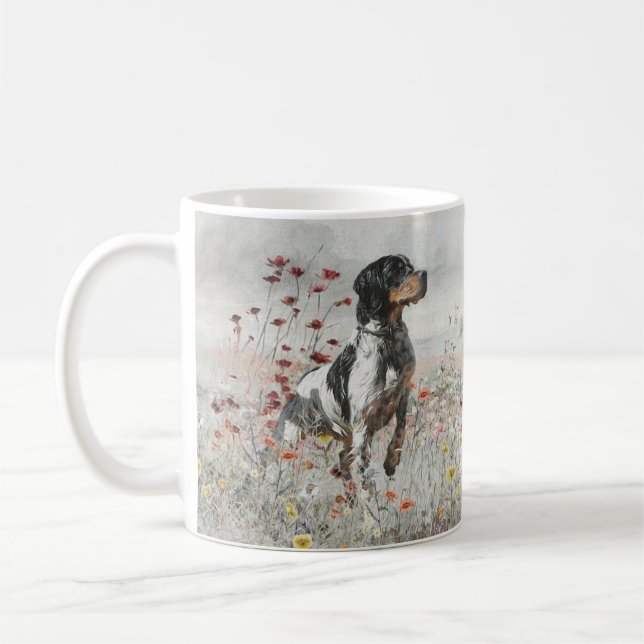 Brittany Spaniel hunts in the field     Coffee Mug (Left)