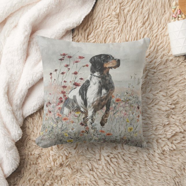 Brittany Spaniel hunts in the field     Throw Pillow (Blanket)