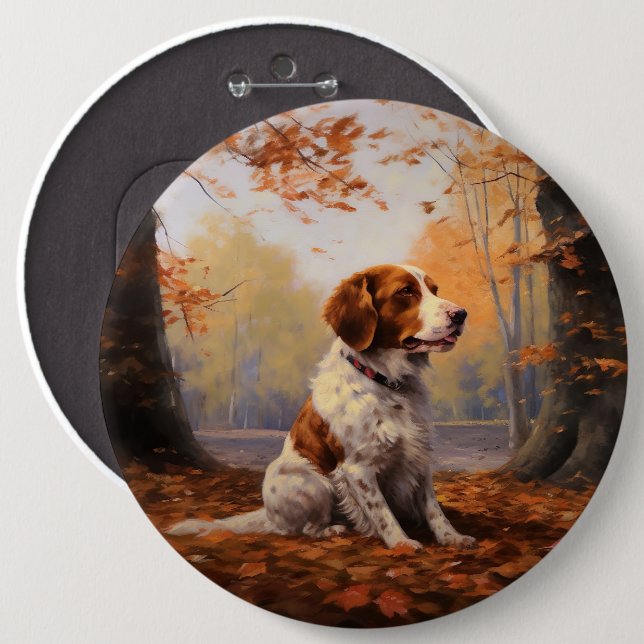 Brittany Spaniel in Autumn Leaves Fall Inspire  6 Inch Round Button (Front & Back)