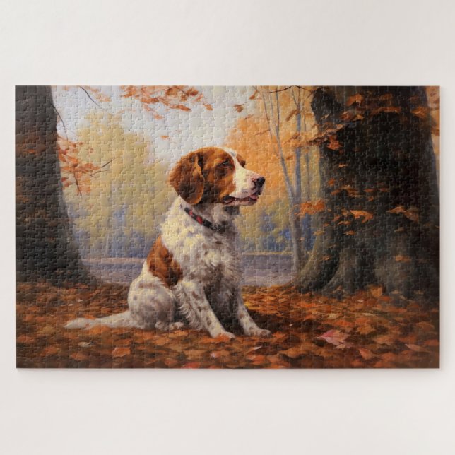 Brittany Spaniel in Autumn Leaves Fall Inspire  Jigsaw Puzzle (Horizontal)