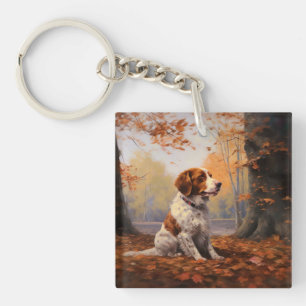 Brittany Spaniel in Autumn Leaves Fall Inspire Keychain