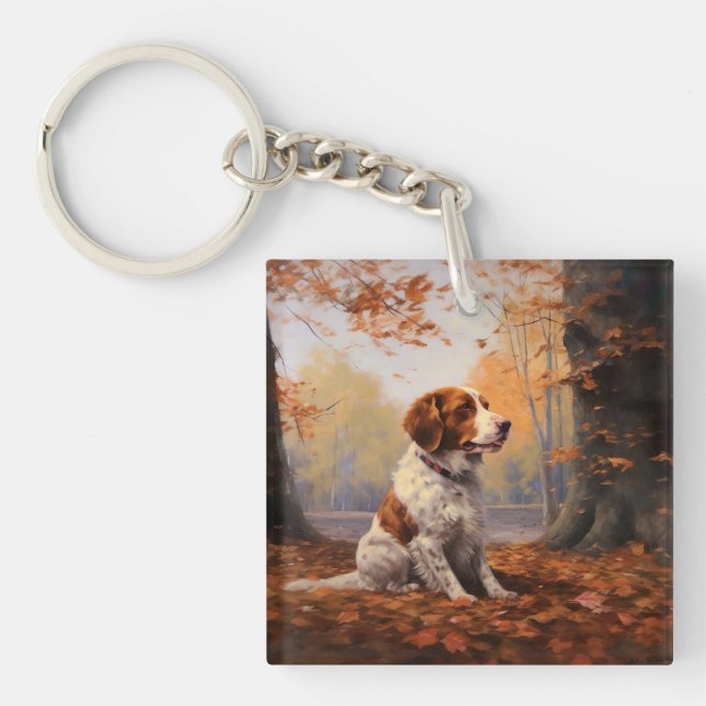 Brittany Spaniel in Autumn Leaves Fall Inspire  Keychain (Front)