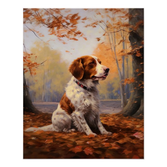 Brittany Spaniel in Autumn Leaves Fall Inspire  Poster (Front)