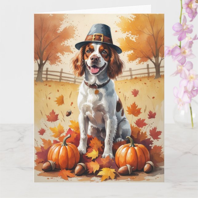 Brittany Spaniel In Autumn Leaves Thanksgiving Art Card (Orchid)