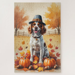 Brittany Spaniel In Autumn Leaves Thanksgiving Art Jigsaw Puzzle