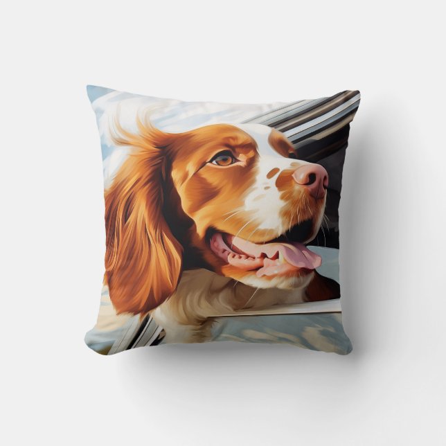 Brittany spaniel in Car Window Throw Pillow (Front)