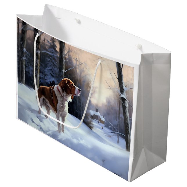Brittany Spaniel Let It Snow Christmas Large Gift Bag (Front Angled)