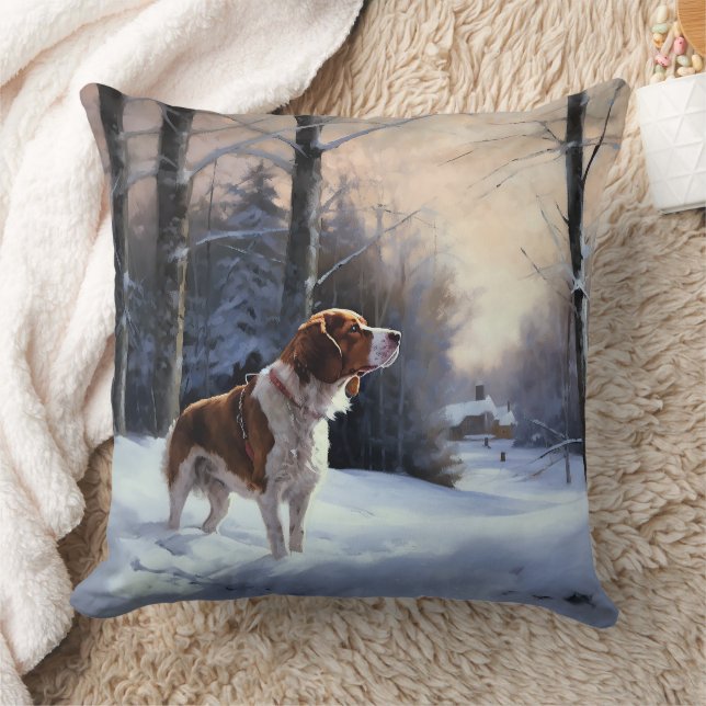 Brittany Spaniel Let It Snow Christmas Throw Pillow (Blanket)