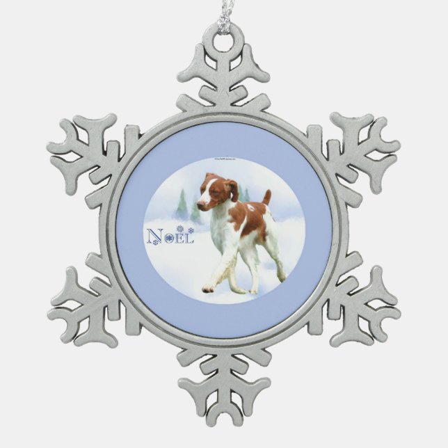 Brittany Spaniel Noel Snowflake Pewter Christmas Ornament (Front)