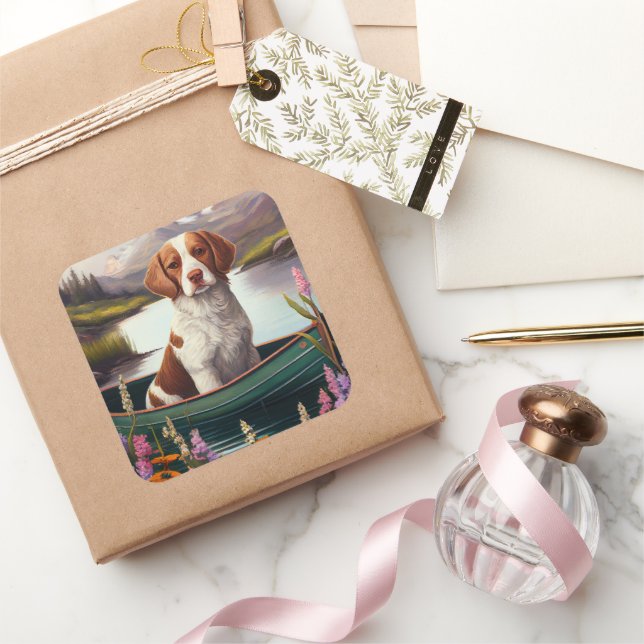 Brittany Spaniel on a Paddle: A Scenic Adventure Square Sticker (Gifting)
