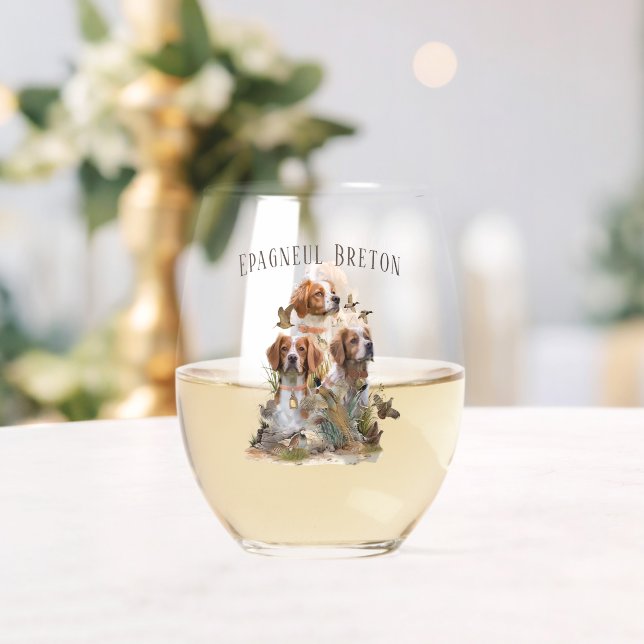 Brittany Spaniel , Passion for Birds Stemless Wine Glass (Insitu (Wedding))