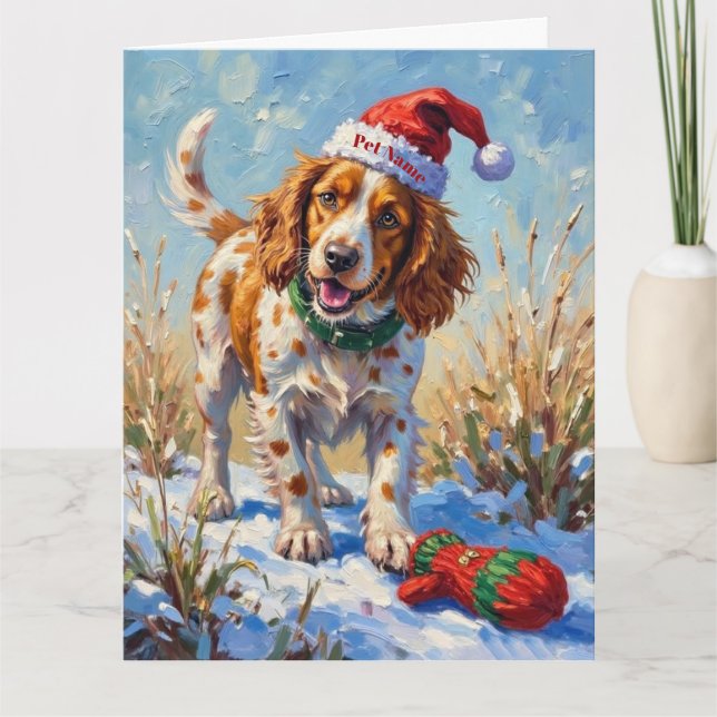 Brittany Spaniel Pointing at Santa's Glove Hat Card (Front)