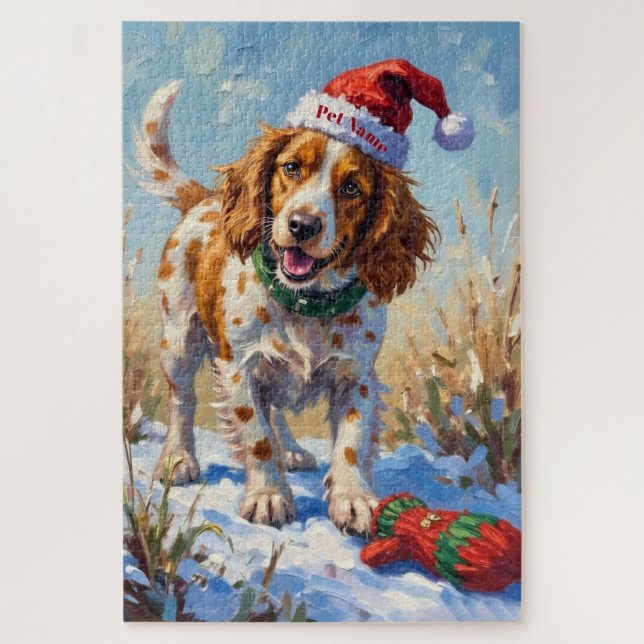 Brittany Spaniel Pointing at Santa's Glove Hat Jigsaw Puzzle (Vertical)