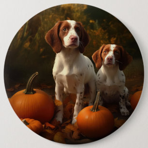 Brittany Spaniel Puppy Autumn Delight Pumpkin  6 Inch Round Button