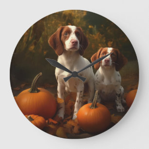 Brittany Spaniel Puppy Autumn Delight Pumpkin  Large Clock