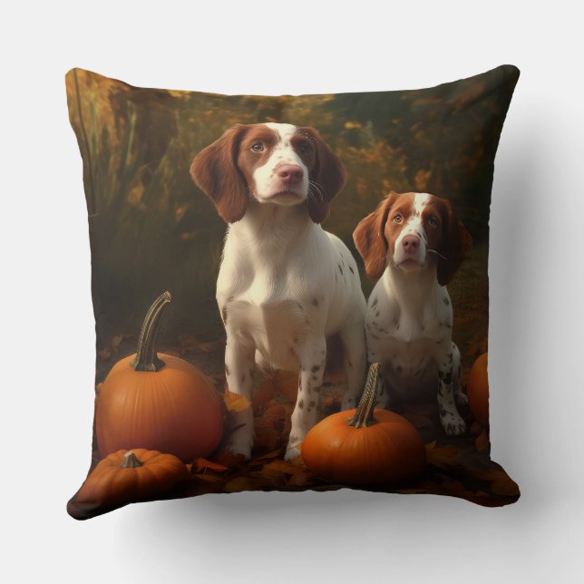 Brittany Spaniel Puppy Autumn Delight Pumpkin  Throw Pillow (Back)