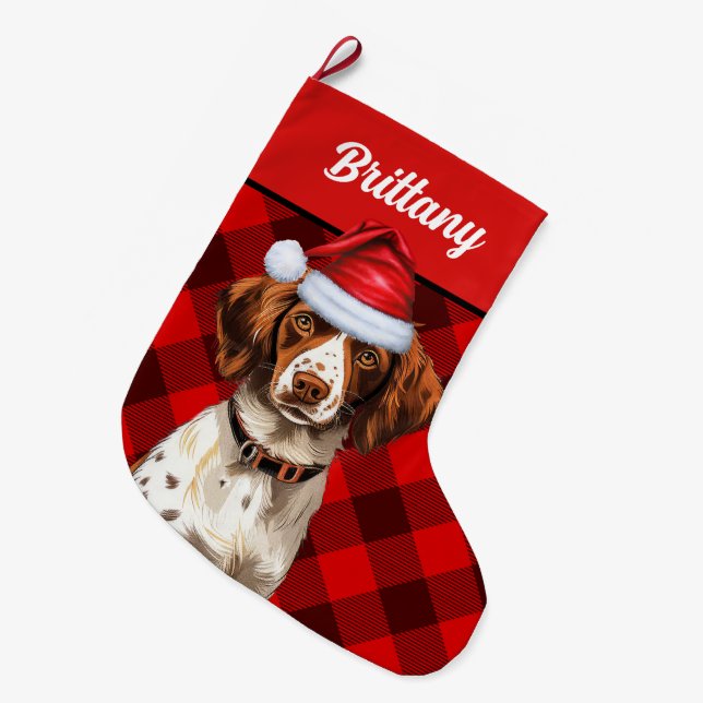 Brittany Spaniel Red Buffalo Plaid Personalized Large Christmas Stocking (Front (Hanging))