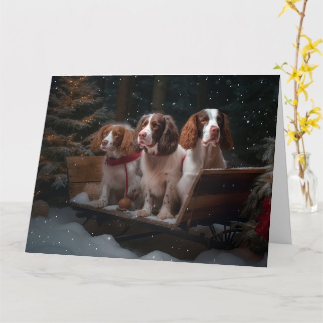 Brittany Spaniel Snowy Sleigh Christmas Decor  Card (Yellow Flower)