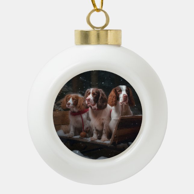 Brittany Spaniel Snowy Sleigh Christmas Decor  Ceramic Ball Christmas Ornament (Front)