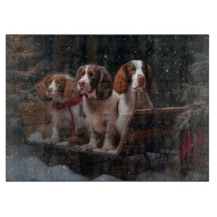 Brittany Spaniel Snowy Sleigh Christmas Decor  Cutting Board