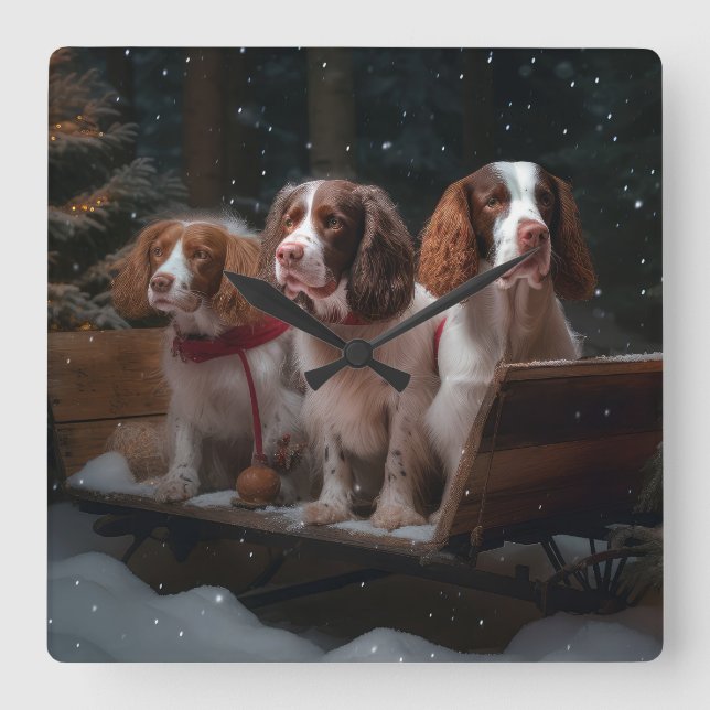 Brittany Spaniel Snowy Sleigh Christmas Decor   Square Wall Clock (Front)