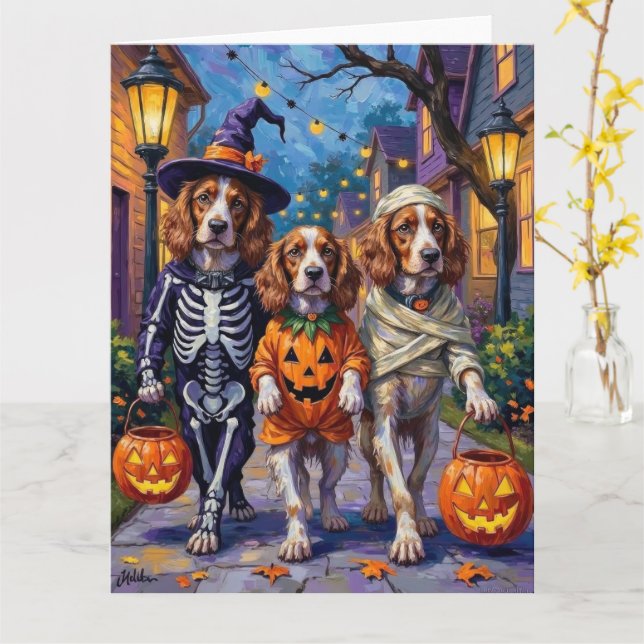 Brittany Spaniel Trick-or-Treating In Halloween  Card (Yellow Flower)
