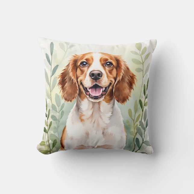 Brittany Spaniel Watercolor Leaf Pattern Art Throw Pillow (Front)