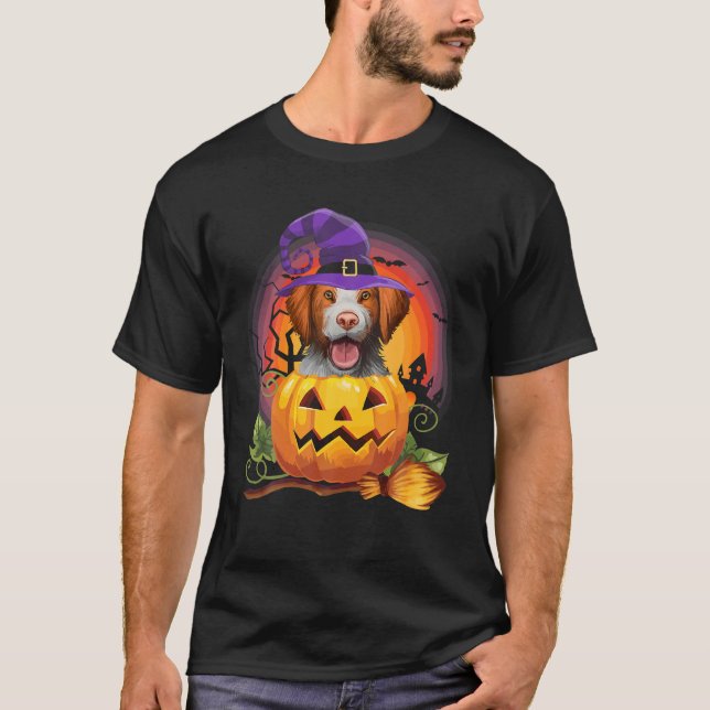 Brittany Spaniel Witch Pumpkin Halloween Dog Lover T-Shirt (Front)