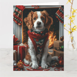 Brittany Spaniel with Christmas Gifts Fireplace Card