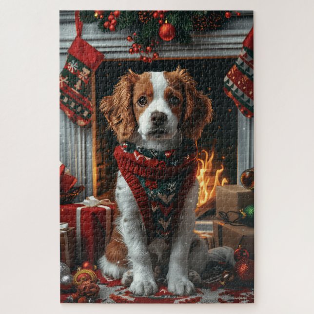 Brittany Spaniel with Christmas Gifts Fireplace  Jigsaw Puzzle (Vertical)