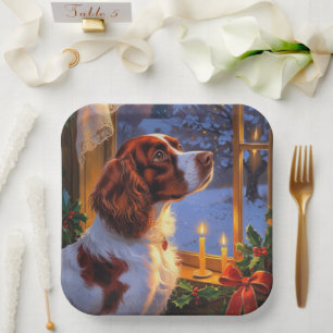 Brittany Spaniel with Christmas Lights Holiday  Paper Plate