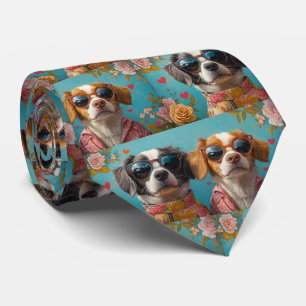 Brittany Spaniel With Heart Roses Valentine's Day Tie