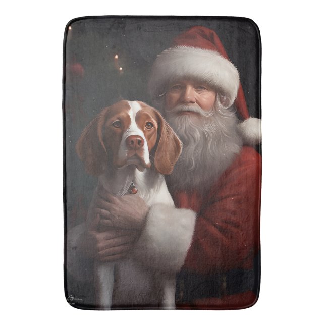 Brittany Spaniel With Santa Claus Christmas Bath Mat (Front Vertical)