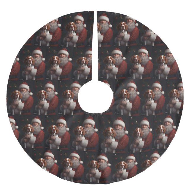 Brittany Spaniel With Santa Claus Christmas Brushed Polyester Tree Skirt (Front)