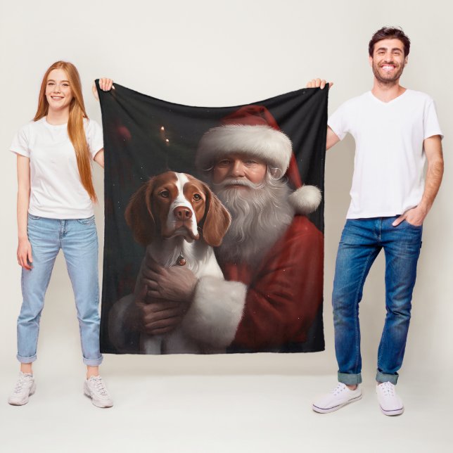 Brittany Spaniel With Santa Claus Christmas Fleece Blanket (In Situ)