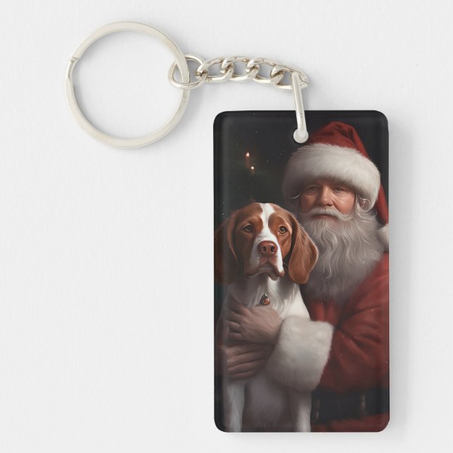 Brittany Spaniel With Santa Claus Christmas Keychain (Front)