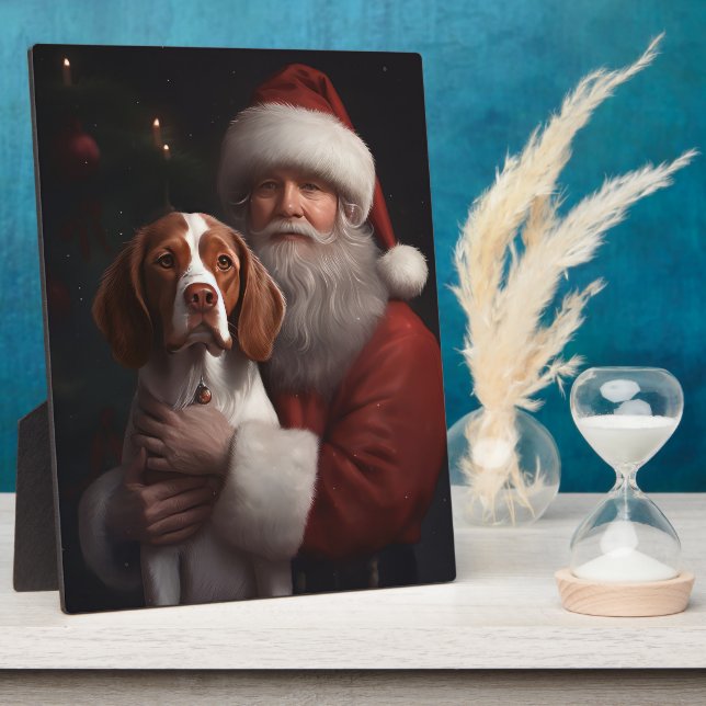 Brittany Spaniel With Santa Claus Christmas Plaque (Side)