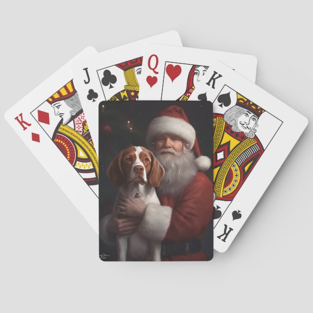 Brittany Spaniel With Santa Claus Christmas Playing Cards (Back)