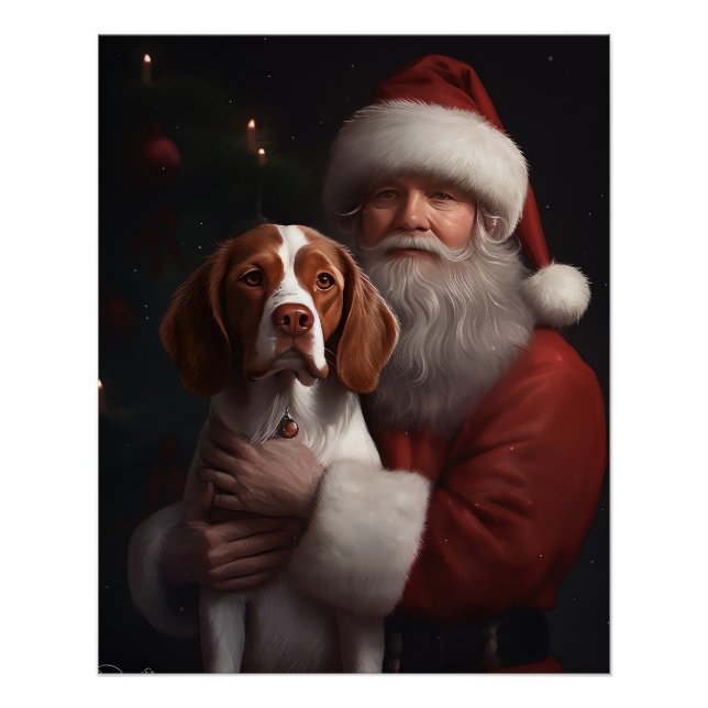 Brittany Spaniel With Santa Claus Christmas Poster (Front)