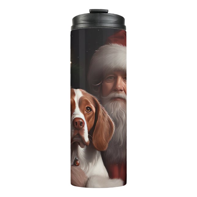 Brittany Spaniel With Santa Claus Christmas Thermal Tumbler (Front)