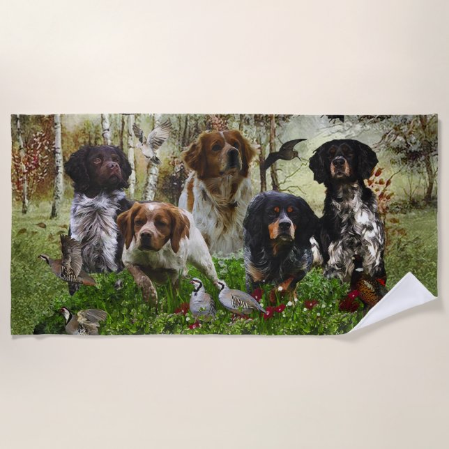  Brittany Spaniels,   Bird Hunting      Beach Towel (Front)