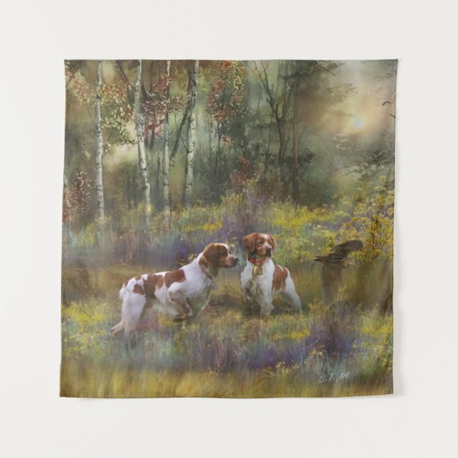 Brittany Spaniels,  Woodcock Hunting , Art  Tapestry (Front)