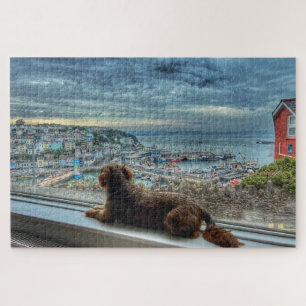Brixham Rain: Cozy Harbour View & Puppy Friend Jigsaw Puzzle