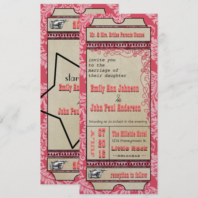 Broadway Playbill Ticket Wedding Raspberry Pink Invitation (Front/Back)