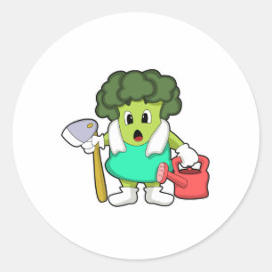 Broccoli as Farmer with Watering can Classic Round Sticker