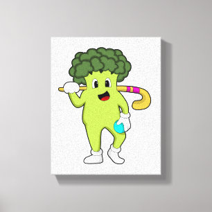 Broccoli at Hockey with Hockey bat Canvas Print
