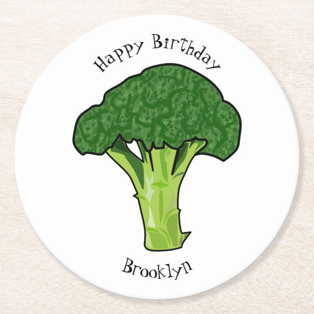 Broccoli cartoon illustration round paper coaster (Front)